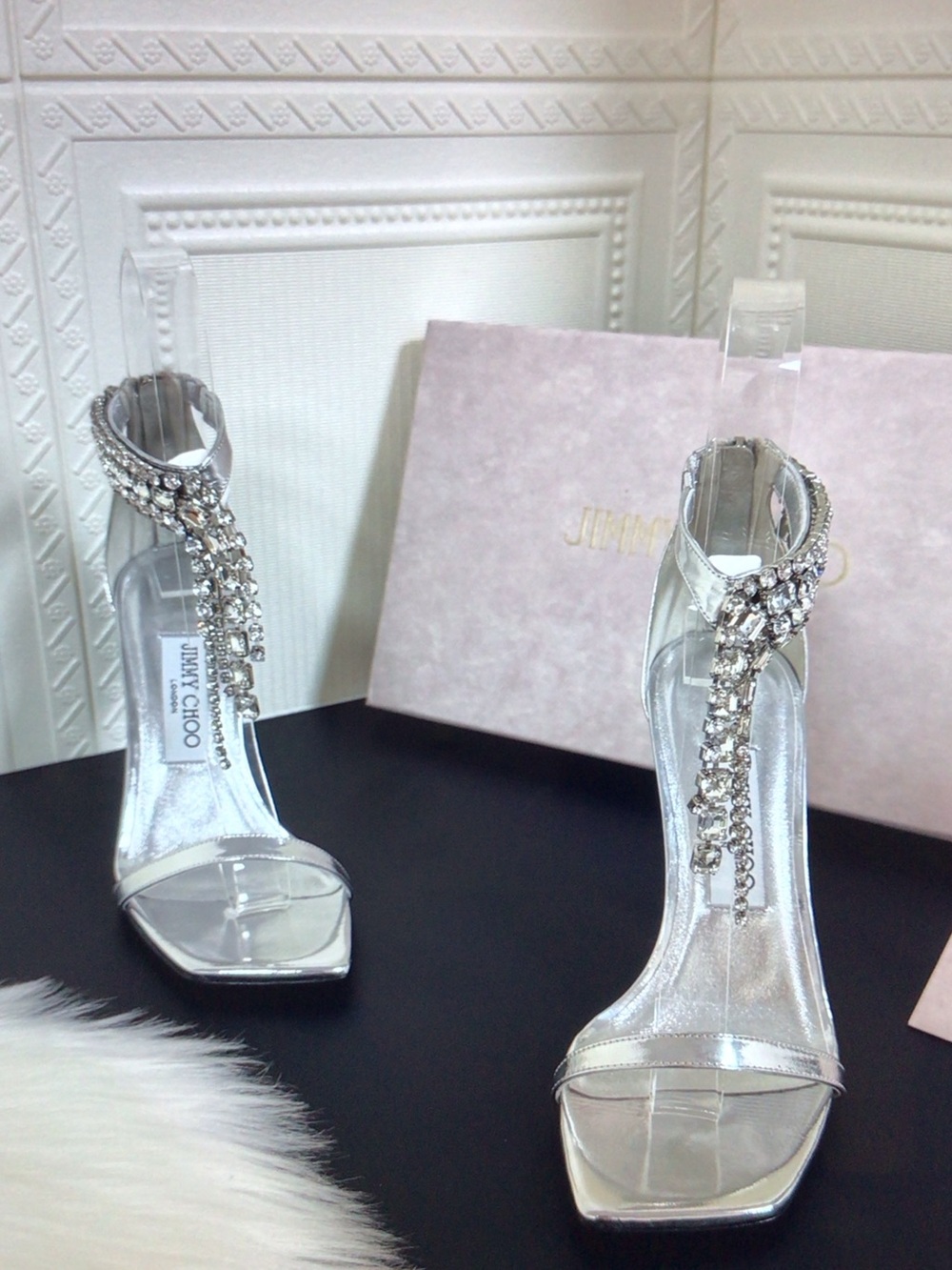 Jimmy Choo Silver Crystal T-Strap Stiletto Sandals